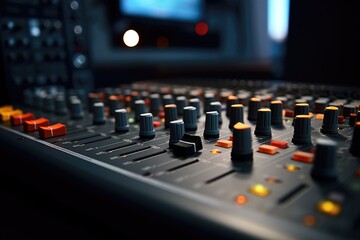 Canvas Print - Close up view of a mixing board with various knobs and controls. Ideal for illustrating music production, audio engineering, or sound mixing concepts