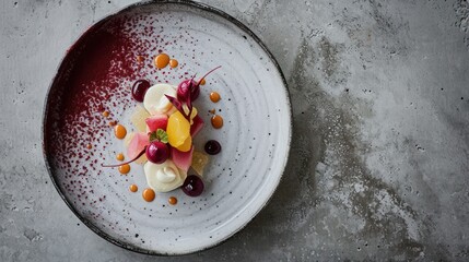  a white plate topped with a dessert on top of a gray table next to a cup of coffee and a spoon.