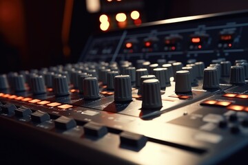 Poster - A detailed view of a sound board in a recording studio. This image can be used to depict the technical aspects of music production and sound engineering