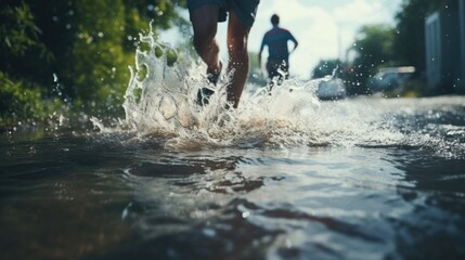 Poster - Two people running through a puddle of water. Suitable for action or sport-related projects