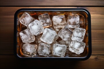 Poster - A container filled with ice cubes on top of a wooden table. Suitable for various applications