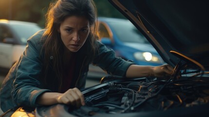 Aufkleber - A woman is seen looking under the hood of a car. This image can be used to illustrate automotive maintenance or troubleshooting