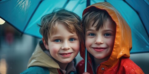 Aufkleber - Two young boys standing together under an umbrella in the rain. Perfect for illustrating friendship, protection, and rainy weather