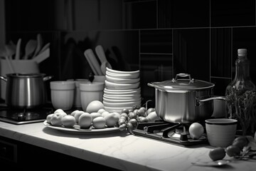 Poster - A black and white photo of a kitchen counter. Perfect for showcasing minimalistic kitchen designs or adding a vintage touch to interior design projects