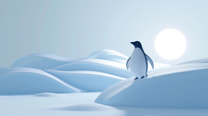 Sticker -  a penguin standing on top of a snow covered hill with a bright sun in the sky behind it and mountains in the background.