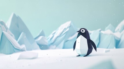 Sticker -  a penguin is standing in the middle of a snowy landscape with icebergs and a mountain in the background.