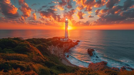 Wall Mural -  a light house sitting on top of a cliff next to a body of water with a sunset in the background.