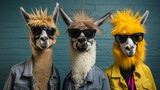 Fototapeta  - Funny alpaca team group dressed in punk style