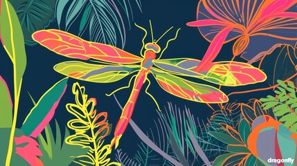 Sticker -  a dragonfly sitting on top of a plant next to a flower and a leafy green and blue background.