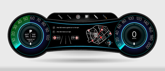 Poster - Futuristic Digital Car Dashboard Display with Vibrant Colors and Clear Readings, Ideal for Modern Vehicle Interior Design Concepts