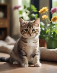 Poster - a little kitten is sitting on the floor in front of some flowers