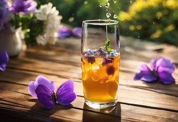 Canvas Print - AI generated illustration of a beverage on a wooden surface with flowers