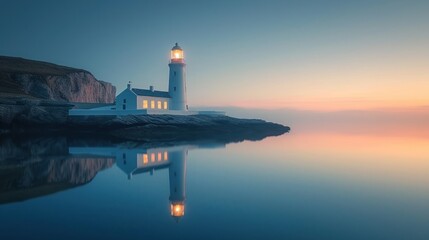 Poster -  a lighthouse sitting on top of a cliff next to a body of water with a light house on top of it.