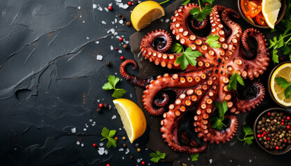 Wall Mural - Cooked octopus with tentacles, grilled. Delicacy seafood dish on a dark background.