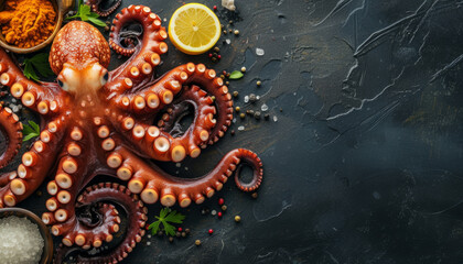 Wall Mural - Cooked octopus with tentacles, grilled. Delicacy seafood dish on a dark background.