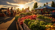 People Shopping At An Outdoor Farmers Market At Sunset. Generative AI.