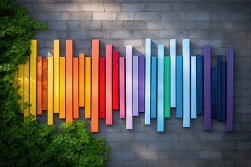 Wall Mural - A rainbow colored wall with wooden sticks. Generative AI.