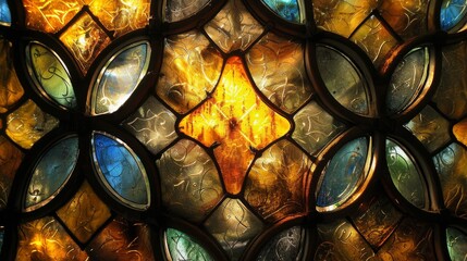 Poster - A magnificent display of intricate symmetry and glowing hues, as the golden amber stained glass window illuminates the serene atmosphere of the church's interior