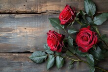 Red Roses Over Vintage Wooden Texture