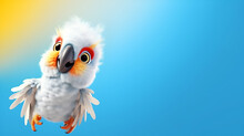 A Young Chick White Cockatoo Parrot, Beautiful, Bright, Funny, With A Large Black Beak, On A Bright Background, Close-up, Cartoon