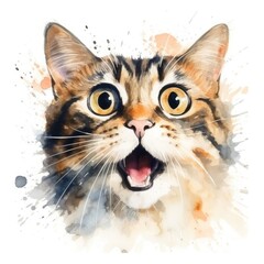 Wall Mural - Watercolor-Style surprised cat with White Background