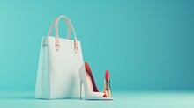 Fashion Accessories Bag, High Heels, Lipstick In Bag Shopping On Pastel Blue Background. 3d Rendering