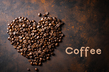 Wall Mural - Coffee beans in the shape of a heart. Background with selective focus and copy space