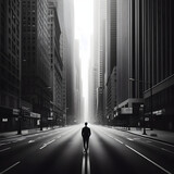 Fototapeta Londyn - Alone in the city. Man walking in the middle of the street.