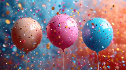 Sticker -  a group of balloons floating in the air with confetti all around them on a blue, pink, and orange background.