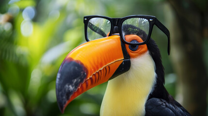 Wall Mural - cute Toucan, closeup with glasses. A skull of the bird called a toucan. Generative Ai