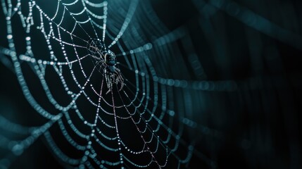 Wall Mural -  a spider sitting on a web in the middle of a spider web, with water droplets on it's web.