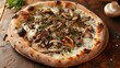 mushroom truffle pizza with a thin, chewy crust, rich truffle cream sauce, earthy wild mushrooms, and a sprinkle of fragrant truffle oil