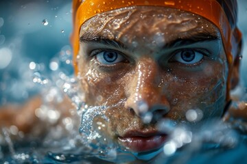 Sticker - Woman swimmer athlete in a swimming pool. Background with selective focus and copy space