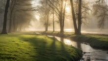 Wet Grass Along A Riverbank, With The Early Morning Fog And Sunlight Filtering Through Trees. Generative AI