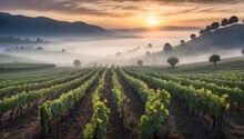 Rows Of Grapevines In A Foggy Valley At Dawn, Mysterious And Serene. Generative AI