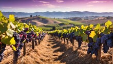 Sunlit Vineyard With Bunches Of Ripe Purple Grapes, Rolling Hills In The Background. Generative AI