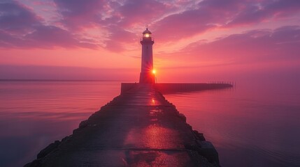 Wall Mural -  a light house sitting on the end of a pier in the middle of a body of water with a sunset in the background.