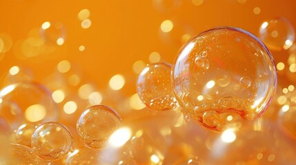 Wall Mural -  a group of bubbles floating on top of a yellow surface with a lot of bubbles floating on top of it.