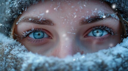 Poster -  a close up of a woman's face with blue eyes and snow on the outside of her face and in the middle of the snow.