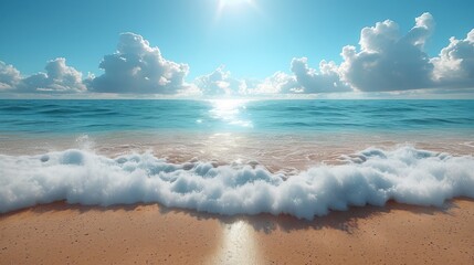 Wall Mural -  a picture of a beach with waves coming in to the shore and the sun shining through the clouds in the sky.