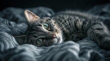  A Close Up Of A Cat Laying On Top Of A Bed With A Comforter On It's Side.