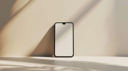 Poster - A lone cell phone rests against a stark white wall, its sleek design illuminated by the soft glow of an indoor lamp, casting shadows that dance across the surface