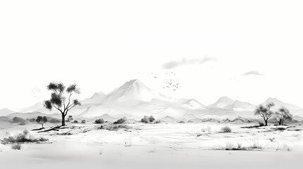 Wall Mural - Black and white artistic representation of a desert scene, using intricate ink strokes to convey the simplicity and beauty of a minimalist landscape