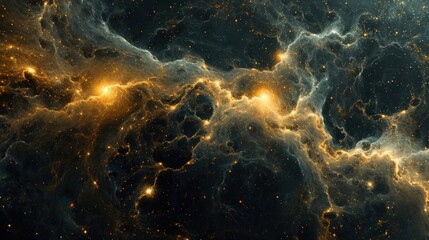 a large cluster of stars in the middle of a space filled with lots of yellow and blue stars and dust