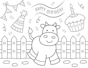 Sticker - cartoon cow happy birthday coloring page for kids. you can print it on standard 8.5x11 inch paper