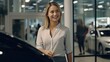 © Space_Background - woman happy customer for buyer new car auto, female want buy automobile in showroom vehicle dealership store motor show indoor Sales, saleswoman, showroom, transportation