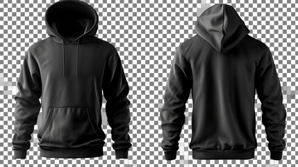 Wall Mural - Set of black front and back view tee hoodie hoody sweatshirt on transparent background cutout, PNG file. Mockup template for artwork graphic design