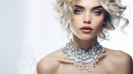 Elegant woman in white. Fashion portrait of Beautiful bride young with diamond earrings and necklace jewelry set
