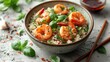Hawaiian poke bowl with shrimp, quinoa, avocado, cucumber and greens on a light concrete background