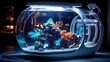 Celestial-themed home aquarium with zero-gravity aquatic life, holographic coral reefs, and futuristic lighting, creating a space age underwater experience